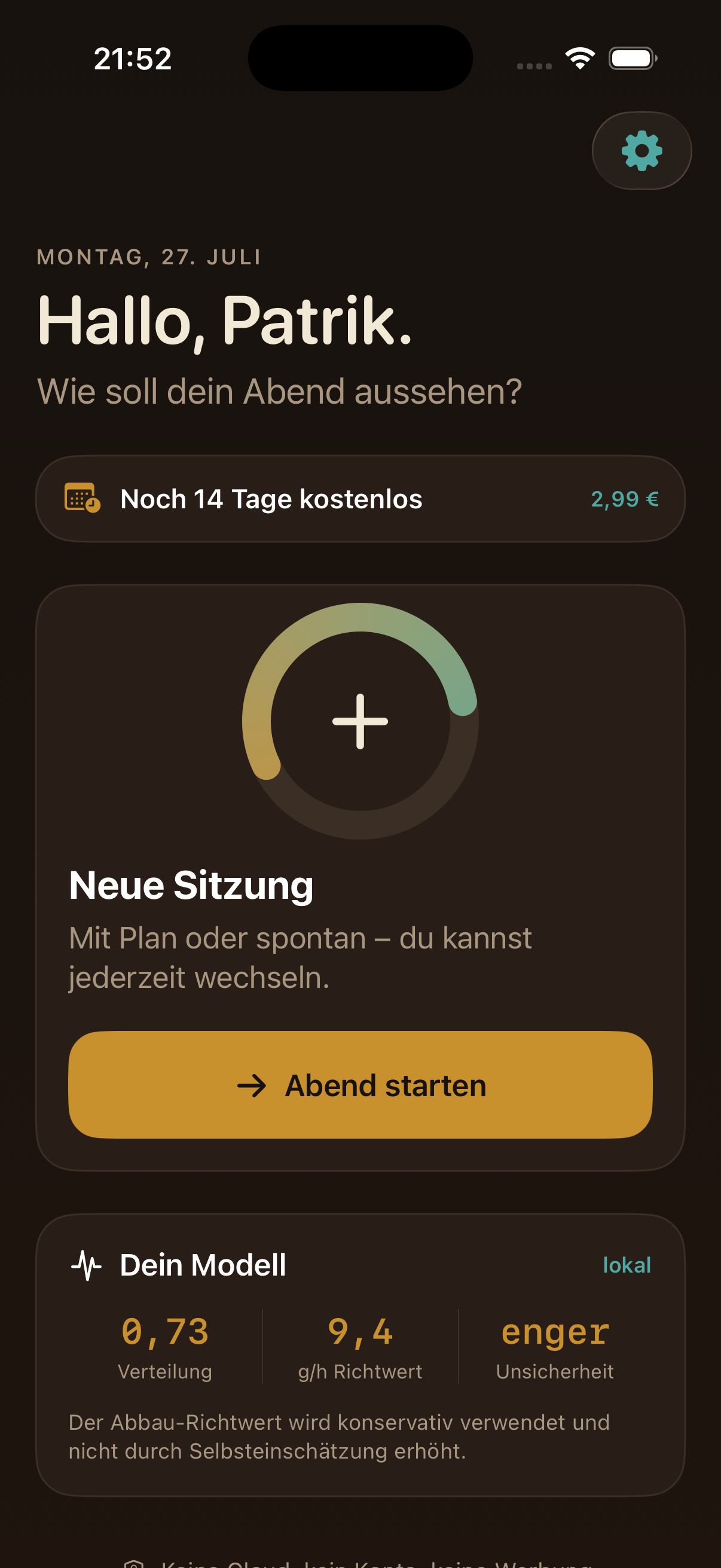 NightPace Startansicht auf einem iPhone